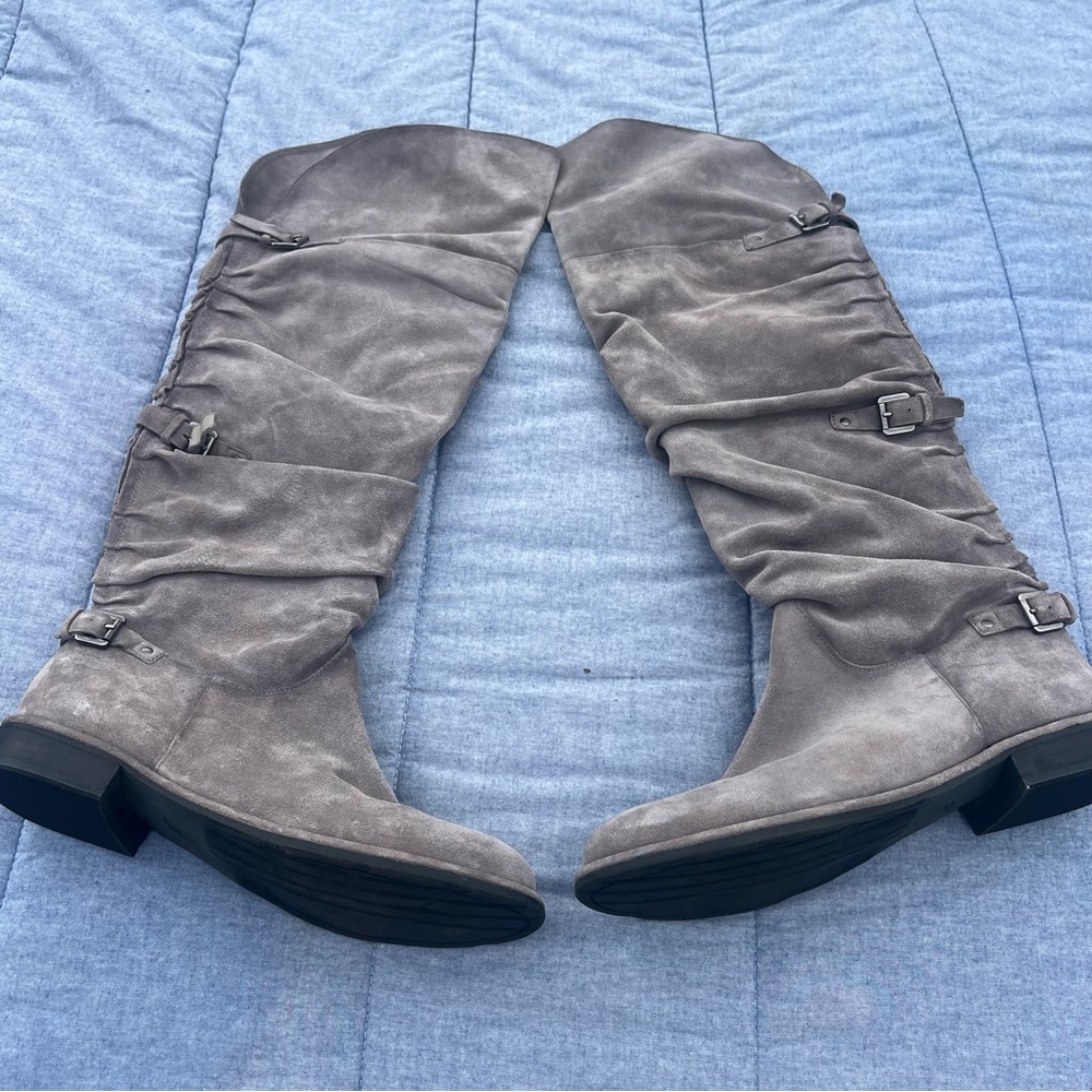 b. makowsky Over-the-Knee Suede Buckle Boots - Taupe Gray Size 10